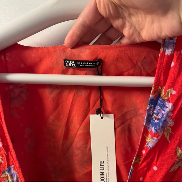 Zara Womens Red Floral V Neck  Wrap Ruched Long Sleeve Dress size S - Picture 7 of 10